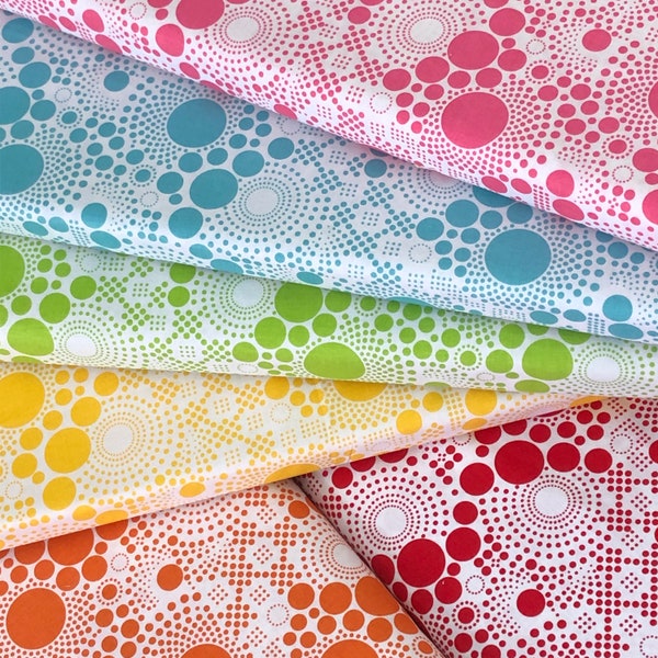 Hipster circle, Lime green yellow fabric, polka dot, swirls spinning,  pink red aqua orange,by Riley Blake, circles, cotton  quilt apparel