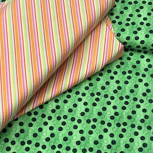 Striped fabric orange green white, green circles, polka dots, Halloween October fall autumn, orange stripes, Hipster fabric by the yard