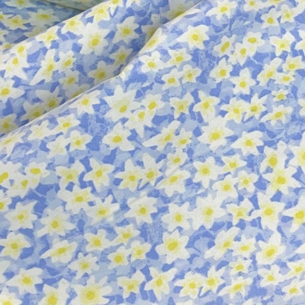 Floral flowers  blue yellow, flannel fabric, blanket fabric, forest daisies, daisy lily, flower  blanket, vintage look, cotton flannel