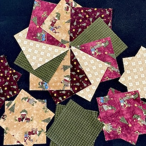 50 Christmas Elf 7 inch burgundy tan green pre cut cotton fabric quilt square blocks, Christmas tree, winter baby flannel, patchwork blanket