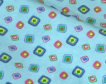 Blue flannel fabric, colorful squares, dots, yellow green red, flannel quilt fabric, rag quilt flannel, bright, sold by the yard