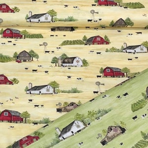 Barn Quilts by Tara Reed for Riley Blake Designs yellow green parchment, cows, farming, Country farm red barn, windmill, crop fields