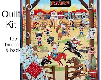 Lil Buckaroos Cowboy QUILT KIT, Rodeo Western fabric panel, Ranch, western town, roping cowgirl, horses, sheriff, red tan blue