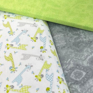 Giraffe flannel fabric, white background pastel blue green gray, bird, checks chevron, baby and toddler fabric, boy girl quilting material