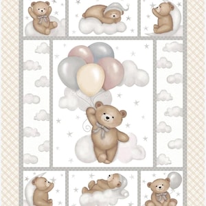 May include: A rectangular quilt featuring a central panel of a brown teddy bear holding a cluster of beige, pink, and gray balloons amidst clouds and stars. The border consists of eight smaller panels depicting teddy bears with moons and clouds.