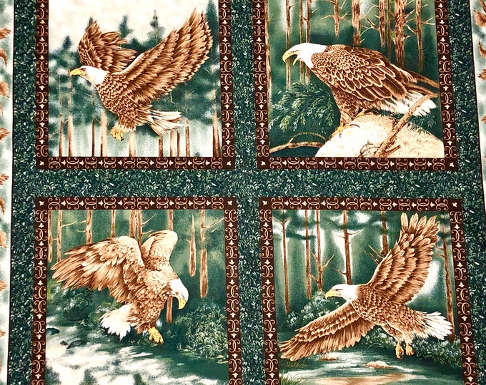 Bald Eagle Pillow Panel, Wildlife Fabric, Flying Eagle Quilting Fabric