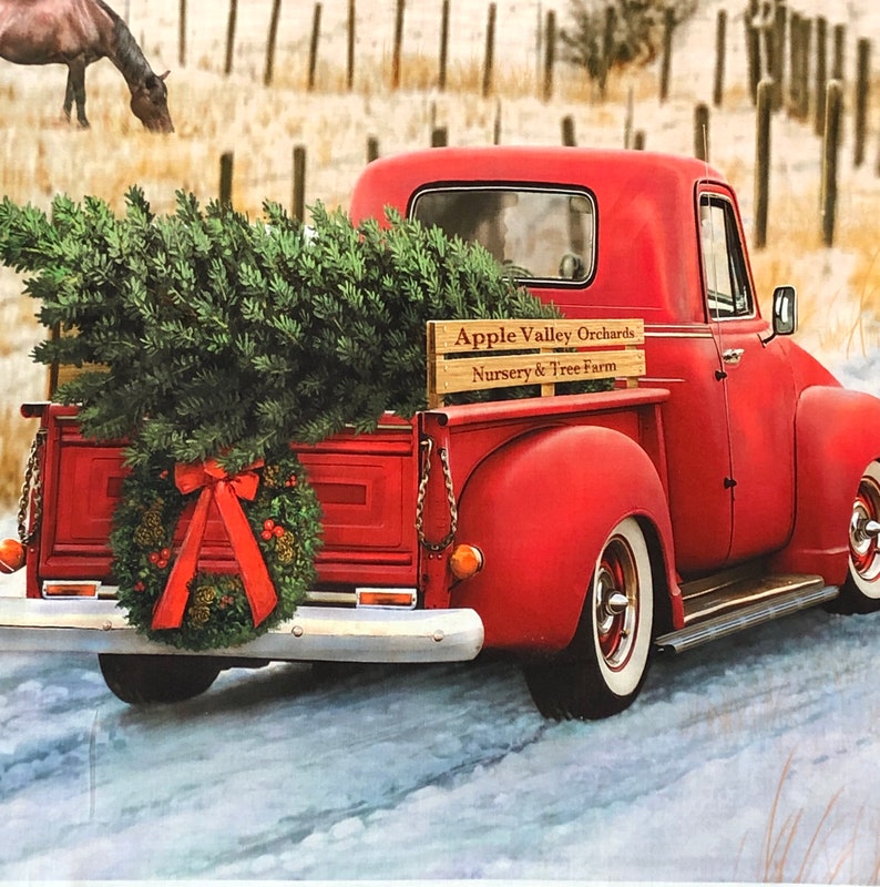 Country Christmas Memories fabric panel rustic old red truck | Etsy