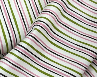 Strip pink lime green cotton broadcloth, stripes, quilting fabric, coordinates, pink green flowers, sold by the yard