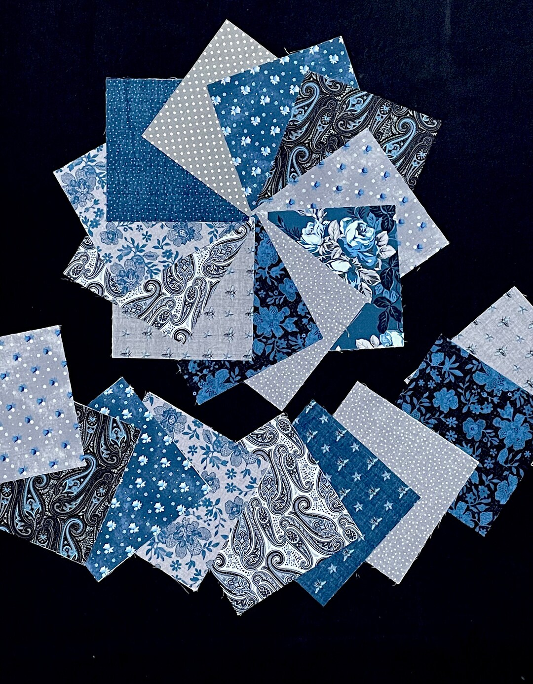 45 Floral Pre Cut Fabric Quilt Blocks Squares 7 Abstract, Blue Gray