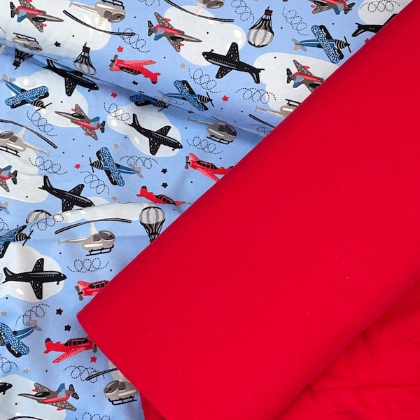 Airplane boy flannel, blue navy planes, air balloon, helicopters, clouds, blue sky, aviation, baby boy fabric, On the Go, red coordinate