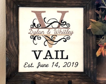 Personalized Name Sign, wedding date, custom Embroidered on screen, Family Name Sign, Wedding Anniversary Gift, pine wood, Rustic Wall Decor