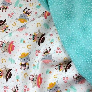 Cowgirl bunny kitten Wild West Sweethearts, aqua pink, by Camelot Fabrics, wild west, rodeo cowgirl, cactus flower, horse shoe, boots, lasso