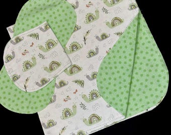 Schnecke grün Hohlsaum Blatt Baby Decke erhalten, 2 Spucktücher, Natur krabbelt, DIY häkeln Unisex Flanell Babydecke, Duschgeschenk