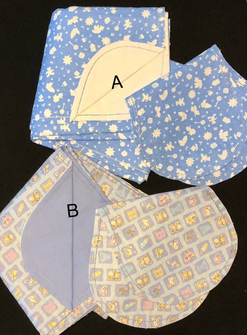 ABC/'s teddy bear reversible 40 x 36 Blue Baby boy Hemstitch Receiving blanket /& burp cloth crochet flannel shower gift bunny lamb