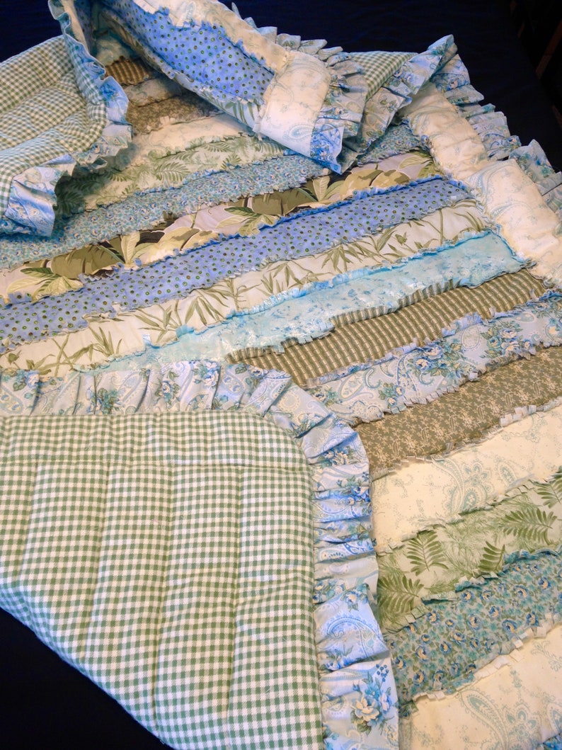 Baby quilt ruffled rag quilt blue and green blanket ready Etsy