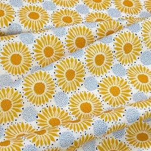 Flower, Emma & Mila Fabrics, Camelot, 100% Cotton, wild flowers, daisy, yellow orange flower on white background, quilt quality, sold by yd