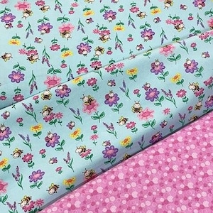 Honey bee ladybug Flannel fabric, aqua blue pink purple flower garden, pink bubble coordinate,  sold by the yard, lady bug flannel,