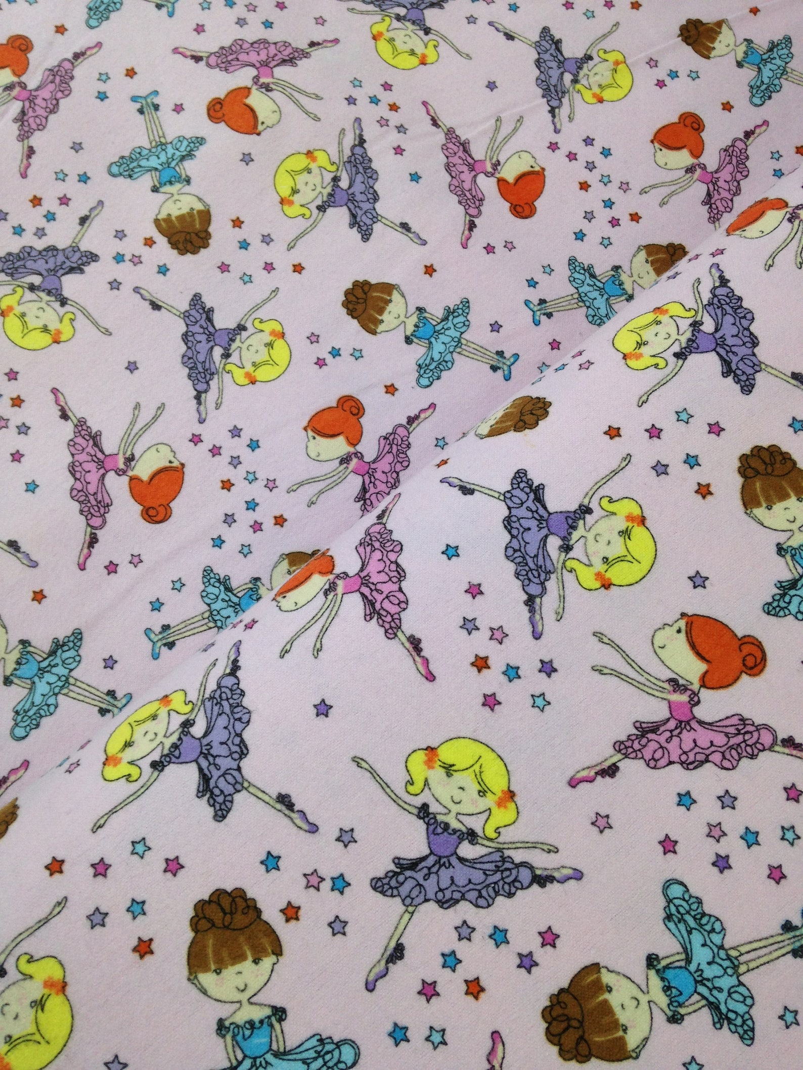 dancing ballerina girl, stars, ballet shoes, purple pink flannel, dancing fairy fabric, little girl fabric