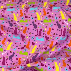 Pink Kitty Cat flannel, kitten fabric, bright colors, bright pink baby blanket fabric, child quilting fabric, sold by the yard