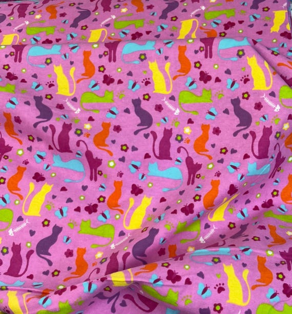Pink Kitty Cat flannel, kitten fabric, bright colors, bright pink baby blanket fabric, child quilting fabric, sold by the yard