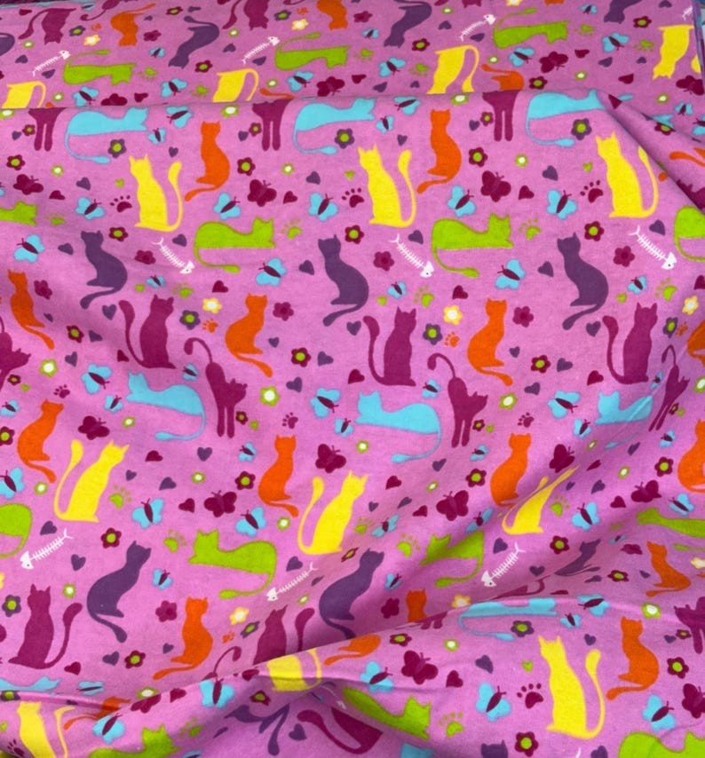 Pink Kitty Cat flannel, kitten fabric, bright colors, bright pink baby blanket fabric, child quilting fabric, sold by the yard image 1