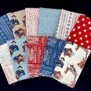 Americana John Wayne fabric bundle, 1/2 yd cut, 11 in bundle, stars quotes, red blue cream Freedom, courage USA flag, The Duke, Western hero