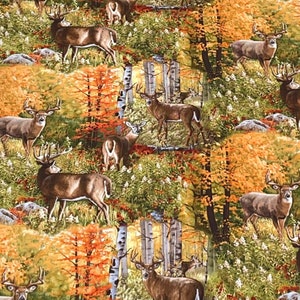 Deer Fabric, Autumn Surprise, Woodland Buck in the Forest 100% cotton, by Elizabeth&#39;s Studio sold by the yard, Wildlife  wilderness Mountain