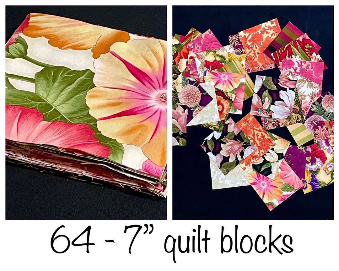64 Floral Flower 7 Pre Cut Square Quilt Blocks, Pink Orange Purple Red