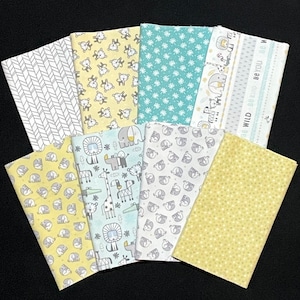 Snuggle in the Jungle Flannel 1/4 yd bundle, elephant zebra giraffe, aqua yellow gray, Dream Big Stand Tall, 8 fabric patterns, By Benartex