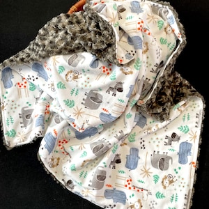 Jungle Minky baby blanket, Newborn, zebra monkey elephant hippo minky receiving blanket, gray furry minky, small soft carry blanket, 28x36