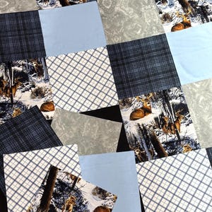 Deer Wildlife plaid Precut rag quilt KIT, blue brown white gray flannels, 60 -10" squares, wilderness woodland, 53x44 DIY LAP rag quilt kit