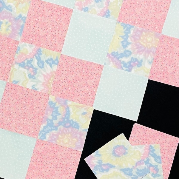 42 pastel floral  7" pre cut square quilt blocks, blue pink yellow, polka dots, flannel blocks, flowers, girl patchwork DIY baby quilt top