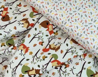 Climbing Foxes, FLANNEL fabric by the yard, or 1.5 yd, Forest animals, soft, green beige, colorful nature leaf-gread coordinates