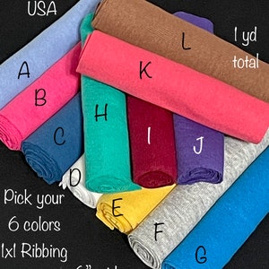 6 Ribbing, Pick your colors, 1 yard stretch knit fabric bundle 1 x 1 Rib knit, 6" x 32"-54" cuffs waistband hems neckline t-shirts, from USA