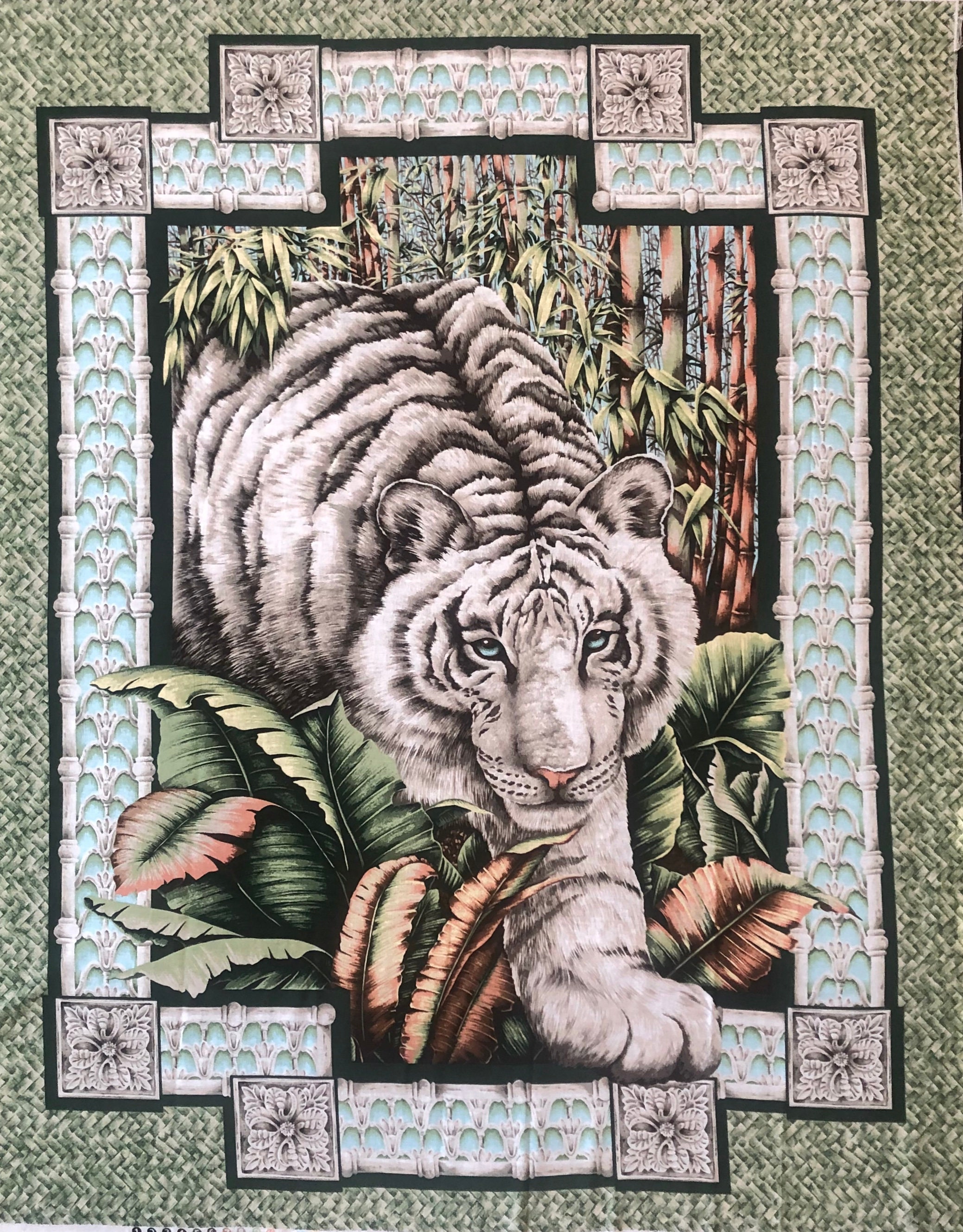 White Tiger Alabaster Jungle Cotton Fabric Panel, Quilt Top Wall White Tiger Alabaster Jungle Cotton Fabric Panel, Quilt Top Wall