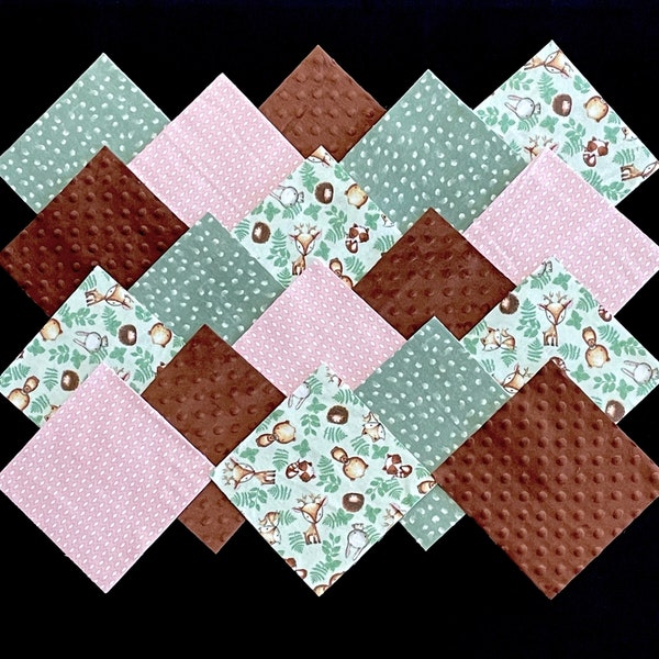 48 woodland animals 7" Squares, MINKY and flannel quilt blocks, pre cut pink green brown beige, baby rag quilt fabric for top, DIY patchwork