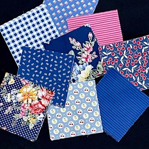 Pink blue floral charm 5&quot; pre cut fabric, 60 quilt blocks, cherry, flowers, patchwork squares, quilt kit top, dots, DIY quilt top, sewing