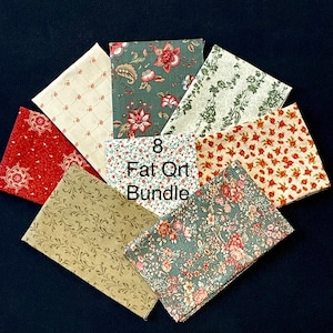 8 rose floral Vintage Green red burgundy fat quarter bundle- SALE -Fabric patchwork quilting Bundle, Designer cotton, 8 Fat quarters, 2 yds