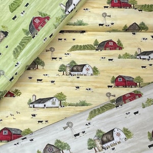 Barn Quilts by Tara Reed for Riley Blake Designs yellow green parchment, cows, farming, Country farm red barn, windmill, crop fields