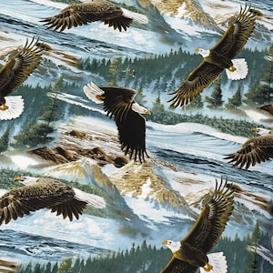 28&quot; Bald Eagle fabric, soaring along the shore, American Eagle, USA Eagle panel,  Wildlife Fabric, green white blue, cotton