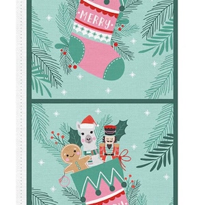 Kerstnostalgie, KOUSENPANEEL, PBS Stoffen, 120-22077Kerstsok stoffen paneel, kussenpaneel, roze mintgroen, speelgoed, lama
