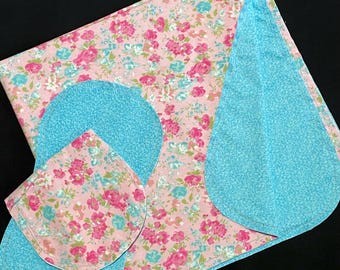 Manta de bebé con dobladillo floral en color rosa aguamarina y 2 paños para eructar, rosa, doble cara, crochet DIY, 40 x 40