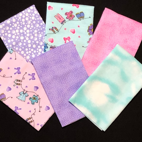 Teddy bear fat qrt fabric bundle, bows ribbons, little girl dresses, blanket rag quilt fabric, bubbles, clouds, blue pink purple, 6 patterns