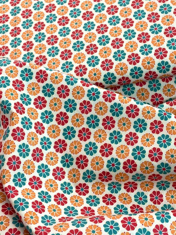 floral flower girl cotton spring fabrics, aqua blue red orange green, Sugar & spice - Just Dreamy by Riley Blake Daisy, quilting, curtain