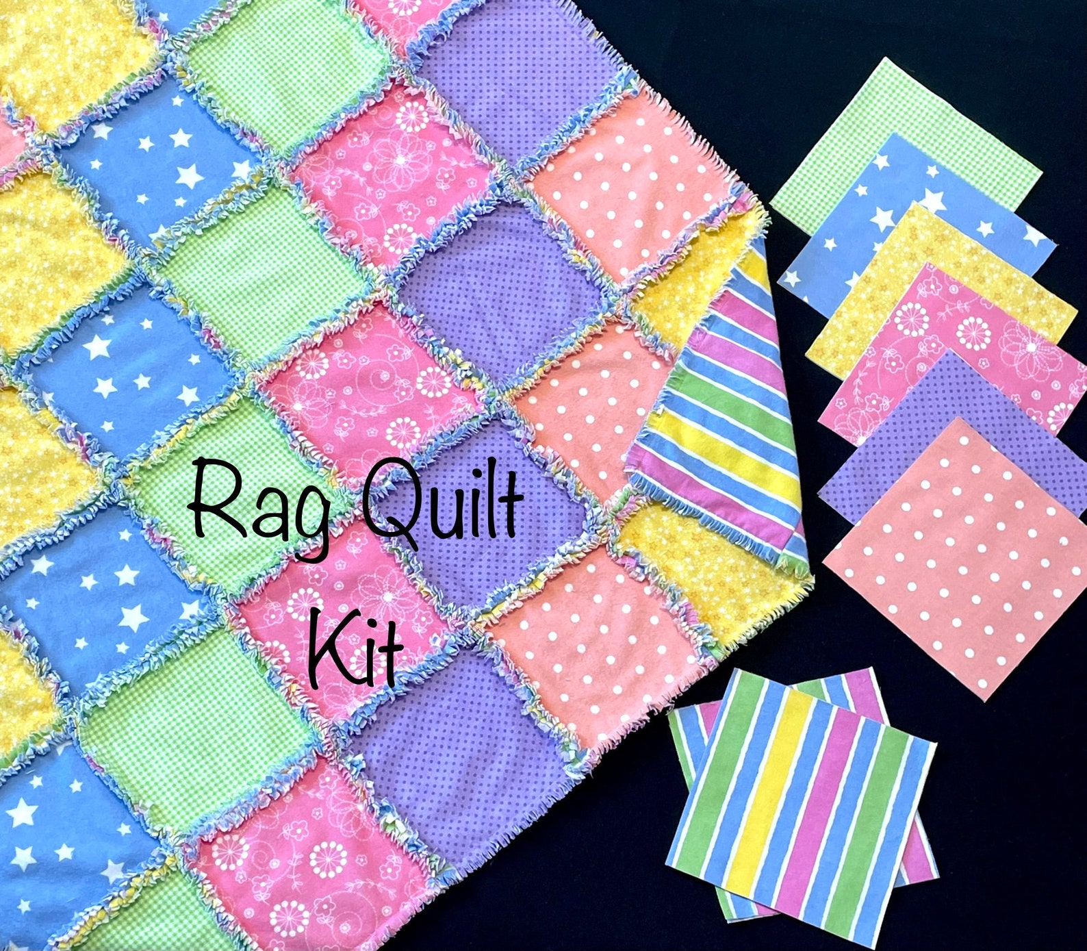 Baby Rainbow Rag Quilt Kit, 72 Pre Cut Quilt Blocks 7