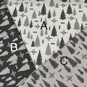 Timberland, anthrazit, Wald Pinien Bäume 100% Baumwolle Quilt Stoff von Riley Blake, Deer Moose Fuchs, Berge, woodland wildnis kampieren