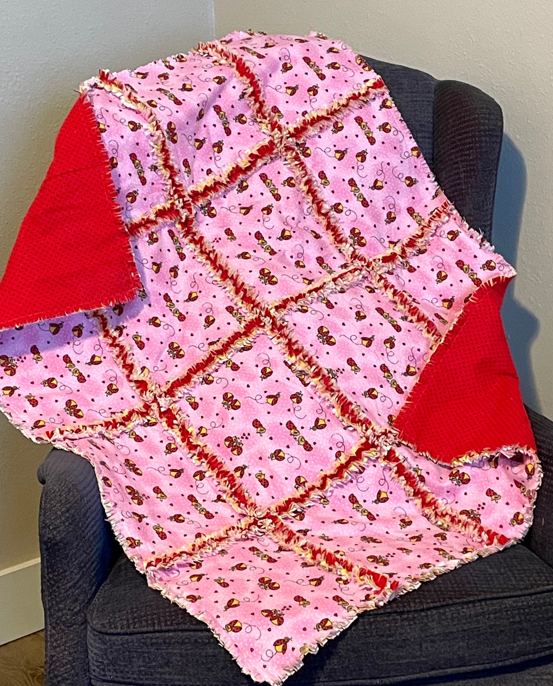 Pink Red Ladybug Rag Quilt Flannel Fabric Bundle, 3 Yds of Flannel With ...