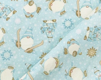 I Love Sn' Gnomies, Snowflakes, winter, de Henry Glass, tela de FRANELA de 2 capas, beige bronceado aqua, vacaciones navideñas. patinaje sobre hielo, gnomo esquiador