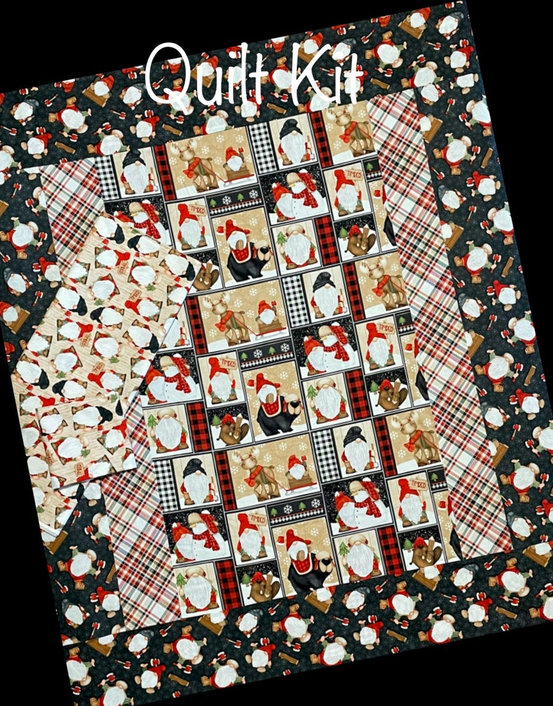Timber Gnomies QUILT KIT Includes Panel, Borders, Binding & Back, Christmas Holiday Quilt Kit