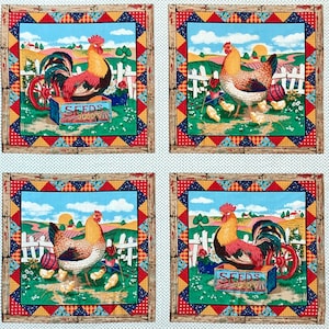 4 Chicken Rooster pillow panel, Hens eggs chicks, sunshine, All cooped up cotton broadcloth yellow green red, patchwork border, Green Acres